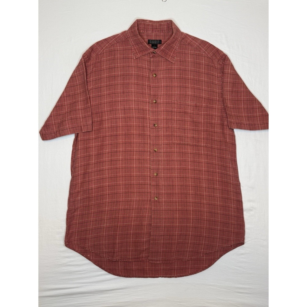 Harold Powell Men's L Red Plaid 100% Linen Short Sleeve Button-Up Shirt HW-4412